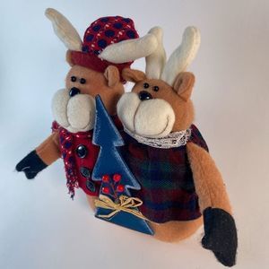 Plush Reindeer Couple Decoration w/ Wooden Tree